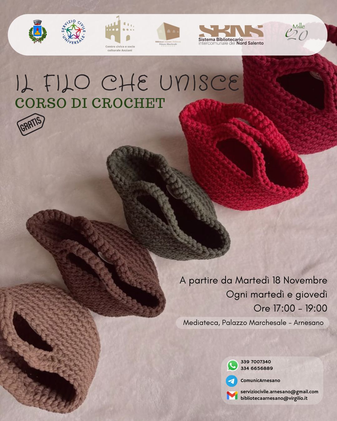 Corso di Crochet (uncinetto) presso la Mediateca – Biblioteca Comunale!