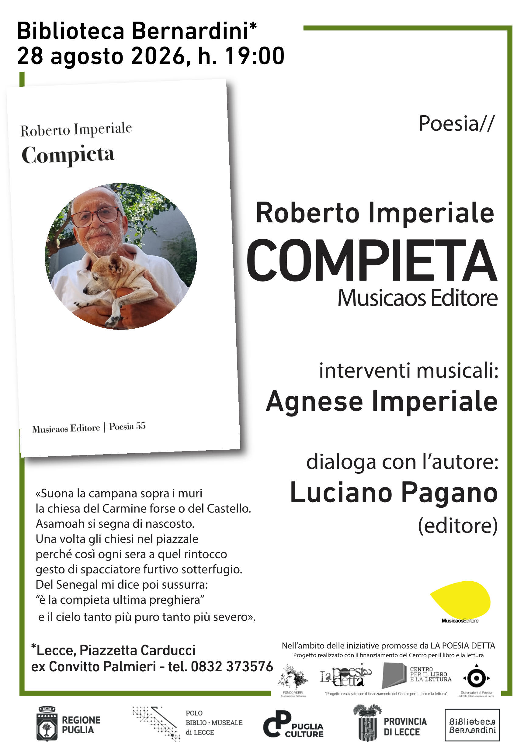 Presentazione della raccolta poetica  &laquo;Compieta&raquo; (Musicaos Editore) di Roberto Imperiale